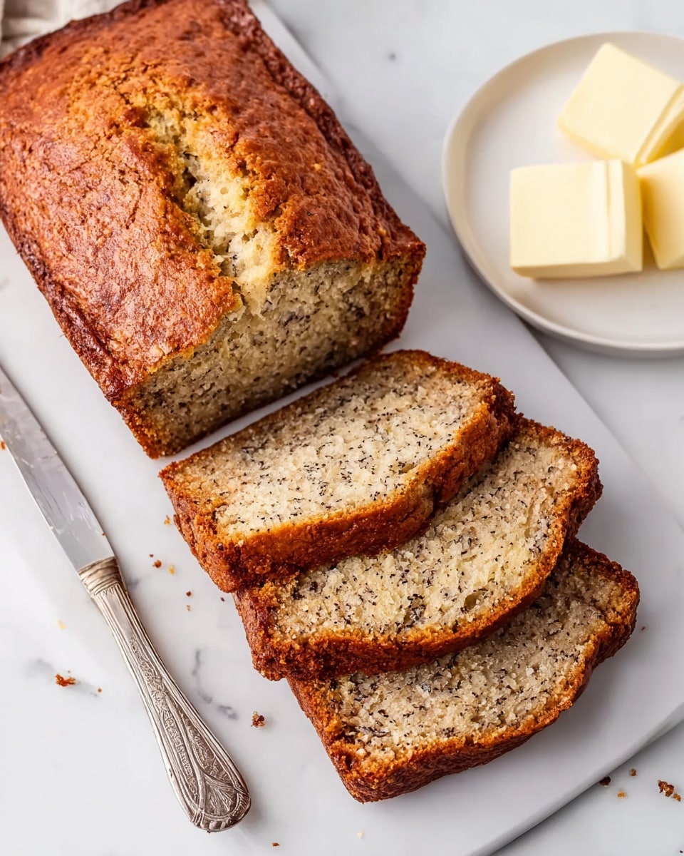 A loaf of banana bread with a golden brown crust is placed on a white marbled surface. Four slices are neatly separated from the main loaf, showing a soft, moist inside with specks of banana spread evenly throughout. Next to the bread is a white plate holding three square pieces of butter. A silver knife rests beside the sliced bread, ready to spread the butter. The scene captures a simple, inviting baked treat on a clean, bright background. photo taken with an iphone --ar 4:5 --v 7