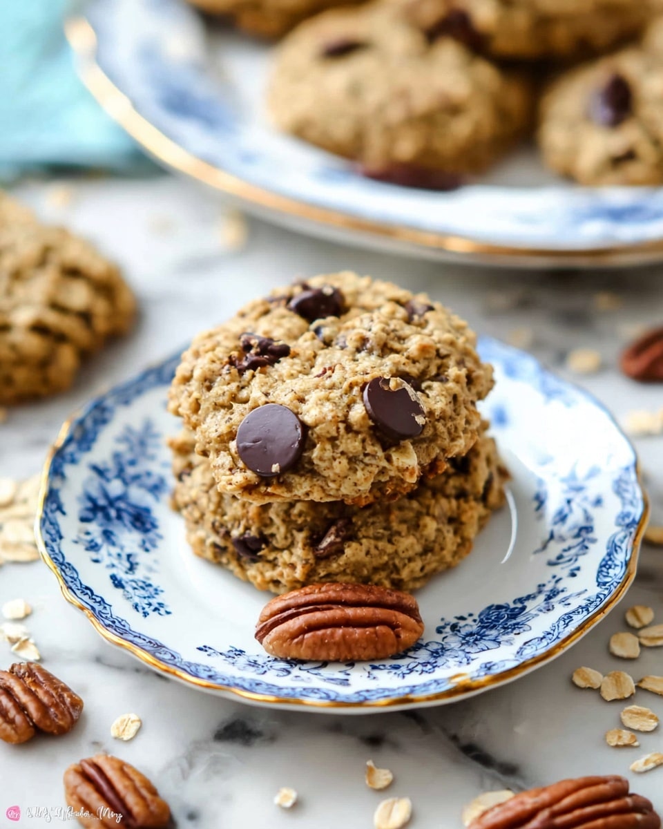 Two oatmeal cookies with chocolate chips and nuts are stacked on a small white plate with a blue floral pattern and a gold rim. The cookies are light brown with visible oats and dark chocolate chips scattered on top, along with small nut pieces. A pecan nut lies next to the cookies on the plate. In the background, more cookies are placed on a white plate with blue decorations, all set on a white marbled surface with scattered oats and pecans. Photo taken with an iphone --ar 4:5 --v 7
