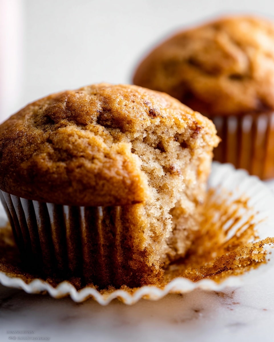 A close-up of a single muffin with a cracked and textured golden-brown top facing the camera. The muffin is partially peeled from its white ridged paper liner, showing a soft, moist inside with a light brown color speckled with darker spots. In the background, a second muffin sits mostly out of focus, still fully wrapped in its liner. The scene is set on a white marbled surface with soft natural light enhancing the warm tones of the muffin. Photo taken with an iphone --ar 4:5 --v 7