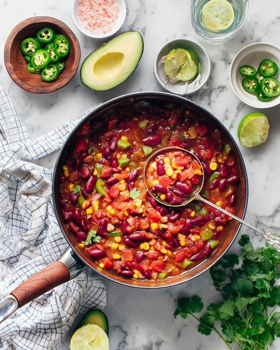 A white bowl filled with a colorful mix of red kidney beans, light brown beans, bright yellow corn, green jalapeño slices, and red diced peppers in a thick sauce. On top, there is a swirl of creamy white sour cream, a few rings of pink pickled onions, a slice of green lime, and fresh green cilantro leaves. The bowl sits on a white marbled surface with pieces of white crunchy tortilla chips and a half avocado with its brown seed visible nearby. A silver spoon with a brown and silver handle rests inside the bowl. Photo taken with an iphone --ar 4:5 --v 7