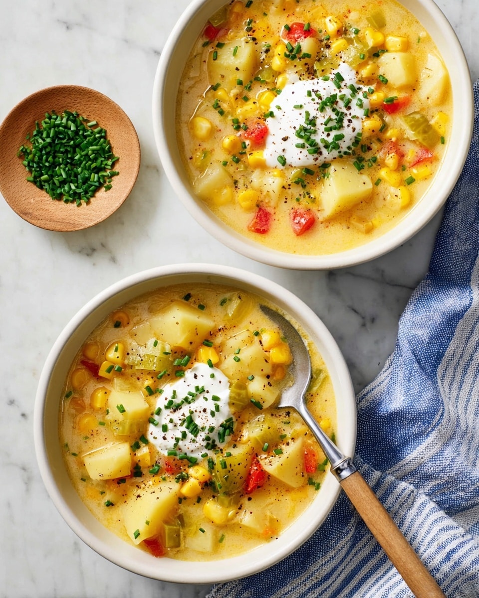 Two white bowls filled with a thick, creamy soup that has multiple layers including light yellow potato chunks, bright yellow corn kernels, small pieces of red bell pepper, and pale green celery slices. The soup is topped with a dollop of white sour cream and sprinkled with finely chopped green chives and black pepper. One bowl has a silver spoon with a wooden handle resting inside. The bowls are placed on a white marbled surface with a blue and white striped cloth near one bowl and a small wooden plate holding extra chopped chives nearby. Photo taken with an iphone --ar 4:5 --v 7