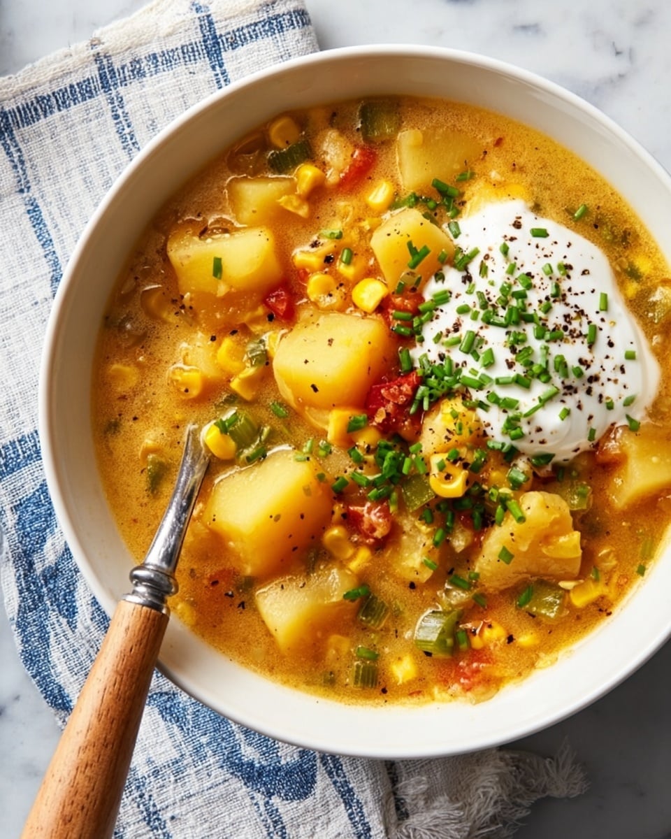 A white bowl filled with a chunky soup showing three main layers: large light yellow potato pieces spread throughout, a mix of yellow corn kernels, small green celery pieces, and tiny red tomato bits evenly scattered, all in a creamy light brown broth. On the right side of the bowl, a dollop of white sour cream sits on top, sprinkled with finely chopped green chives and a few black pepper flakes. A silver spoon with a wooden handle rests inside the bowl near the top, partially submerged in the soup. The bowl is placed on a folded white and blue striped cloth, all set on a white marbled surface. photo taken with an iphone --ar 4:5 --v 7