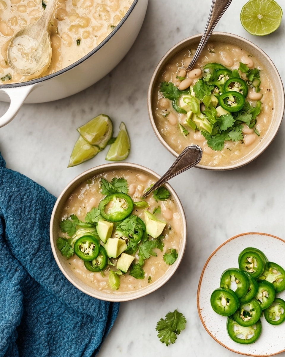 Two beige bowls filled with creamy white bean soup sit on a white marbled surface. Each bowl has a thick layer of chunky soup topped with bright green sliced jalapeños, diced avocado, fresh cilantro leaves, and green onion slices. A spoon rests inside each bowl. A white pot filled with more soup is partially visible at the top left. Nearby, there are lime wedges, a small white plate with sliced jalapeños, and a blue cloth napkin. Photo taken with an iphone --ar 4:5 --v 7