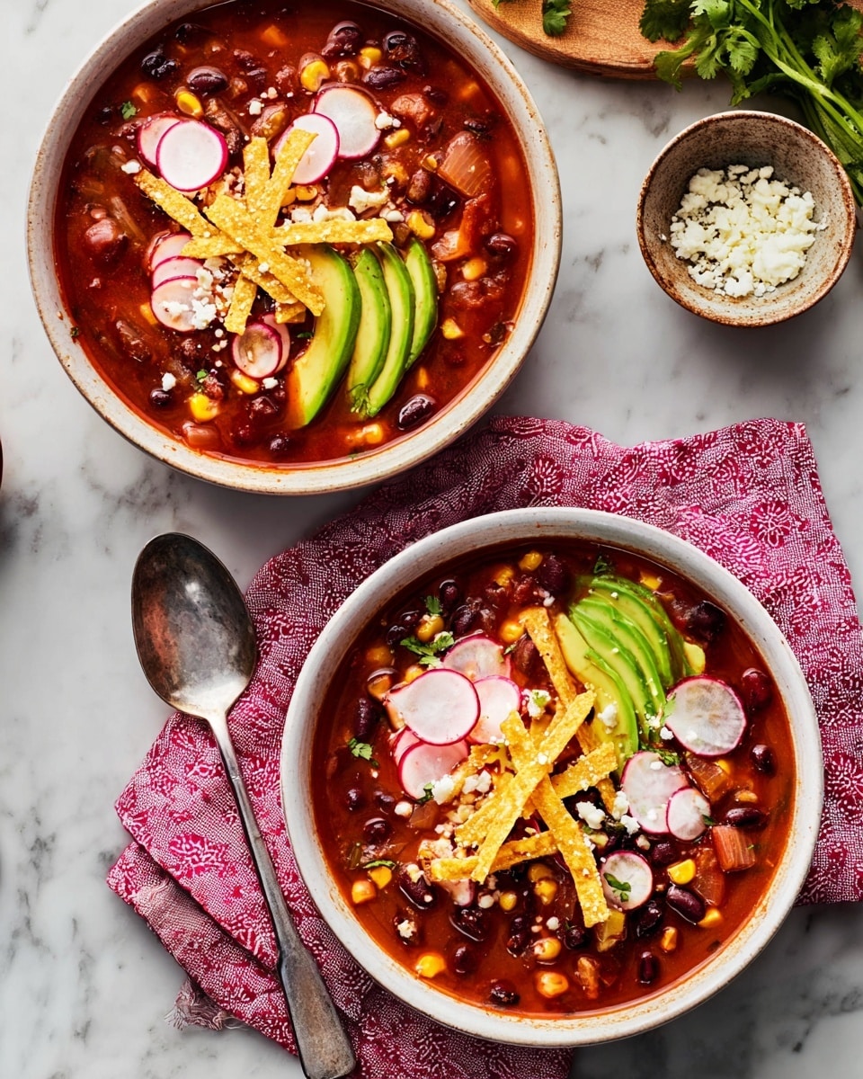Tortilla Soup with Crispy Tortilla Strips and Fresh Toppings Recipe