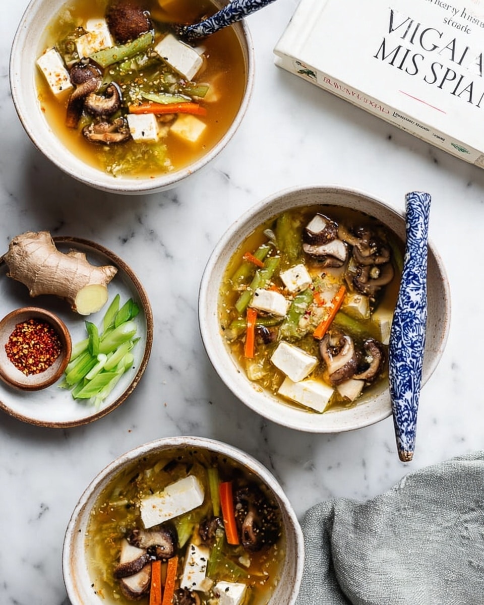 Two white bowls filled with clear broth soup are placed on a white marbled surface. Each bowl contains visible layers of light brown broth, large slices of light brown mushrooms, thin orange carrot sticks, small cubes of white tofu, and bits of green onion, all sprinkled with black and white sesame seeds. Blue and white patterned spoons rest inside the bowls. Nearby, a small white plate with blue dots holds a piece of fresh ginger. At the bottom of the image, a cookbook titled