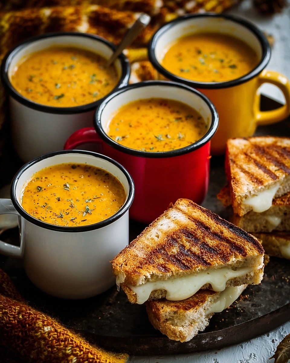The image shows four white enamel mugs with colored rims and handles—two red and two yellow—filled with a smooth, orange-yellow soup sprinkled with spices on top. Two toasted sandwich halves filled with melted white cheese rest on the rims of two mugs, one balanced on a red-handled mug and the other leaning on the brown tray surface beside a yellow-handled mug. The setup is on a dark bronze tray placed on a white marbled surface, with brown autumn leaves and a mustard-yellow textured cloth on the side, creating a warm and rustic look. Photo taken with an iphone --ar 4:5 --v 7