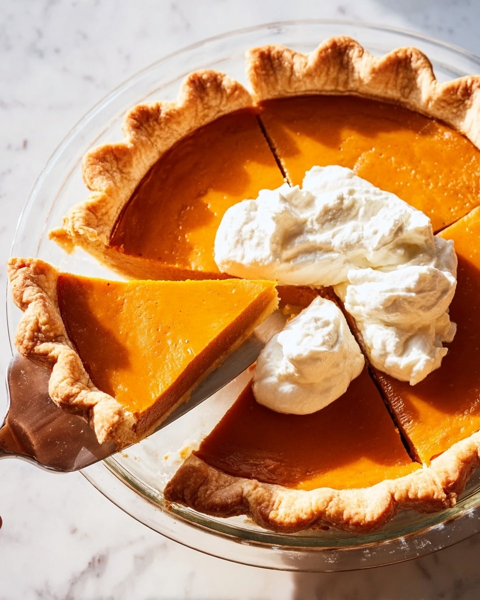 The image shows a pumpkin pie with a thick, smooth orange filling inside a golden-brown crust that has a slightly rough edge. The pie is presented on a clear glass plate sitting on a white marbled surface. One slice is removed from the pie and placed next to it, revealing the pie's layered texture with the crust on the outside and the deep orange filling inside. On top of the pie, especially over the gap left by the removed slice, there are three swirls of white whipped cream with a soft and fluffy texture. The photo taken with an iphone --ar 4:5 --v 7