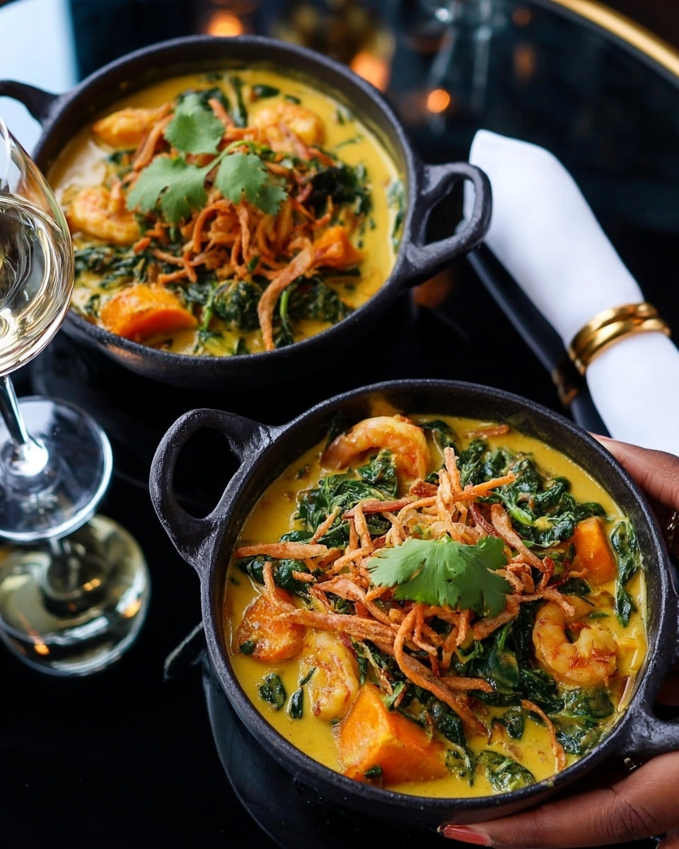 The image shows two black cast iron pots on a shiny black surface with reflections, each filled with a creamy yellow curry. Inside the curry, there are chunks of orange sweet potatoes, cooked shrimp, and dark green spinach leaves. On top, there is a layer of thin, crispy fried strips and fresh green cilantro leaves as garnish. A woman's hand is holding a white napkin with a gold band near one pot, and a part of a glass with a long stem is visible, reflecting on the table. photo taken with an iphone --ar 4:5 --v 7