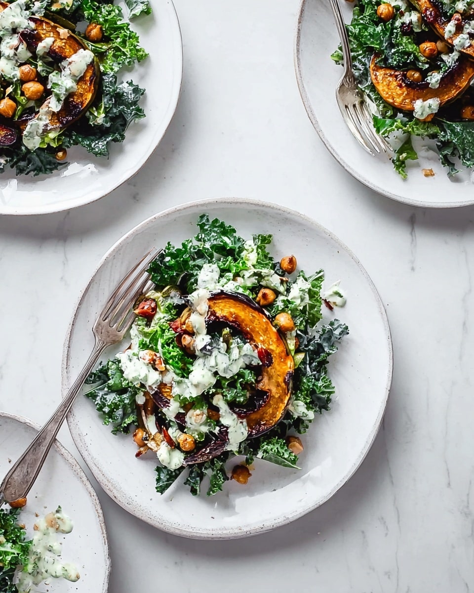 The image shows three white plates on a white marbled surface, each with a salad made of several layers. The bottom layer is bright green kale leaves with a fresh, curly texture. On top, there are slices of deep orange roasted squash with crisp, browned edges. Small golden-brown roasted chickpeas are scattered across the plates, adding texture. The salads are drizzled with light green and white creamy dressings in thin streams. Each plate has a silver fork resting on the edge, pointing inward. Photo taken with an iphone --ar 4:5 --v 7