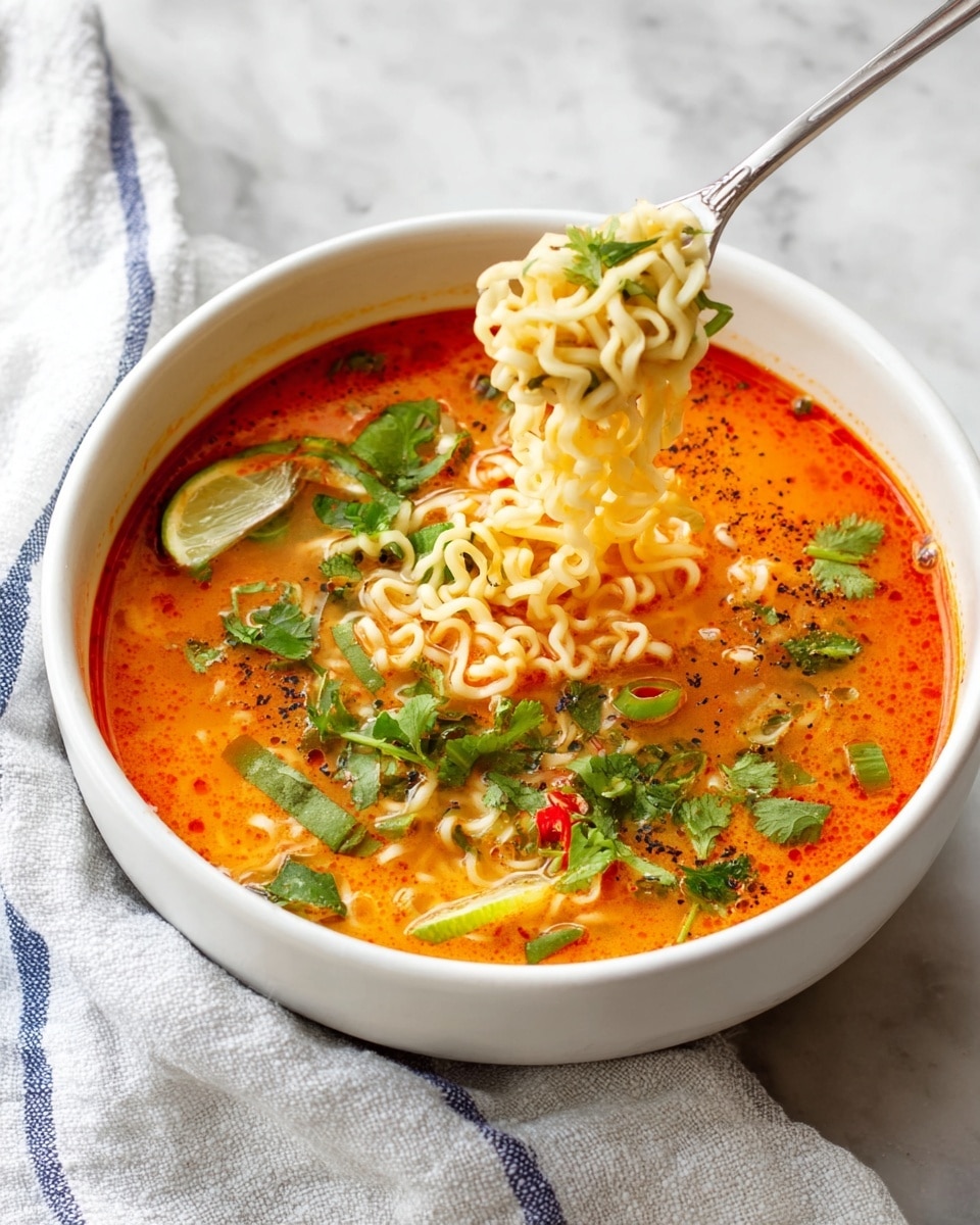 A white bowl filled with orange-red broth soups with floating green herbs, small red pepper pieces, and slices of light green lime. The soup holds a tangled mound of pale yellow noodles, with a silver fork lifting a portion of them upwards. The broth has a slight oily shine, and there is some dark seasoning sprinkled on top. The bowl is placed on a white marbled surface, and a soft white cloth with blue stripes is blurred in the background. photo taken with an iphone --ar 4:5 --v 7