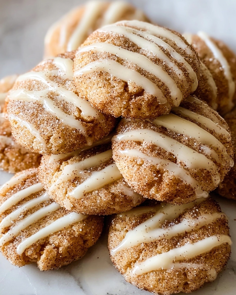 A close-up view of round cookies arranged overlapping on a white plate. Each cookie is golden-brown with a textured surface covered in a sparkling layer of cinnamon sugar. Drizzled across the top of each cookie are thin, uneven lines of creamy white icing, adding a shiny contrast to the grainy sugar. The overall look is warm and inviting with a mix of rough sugar crystals and smooth icing, all set against a white marbled background. photo taken with an iphone --ar 4:5 --v 7