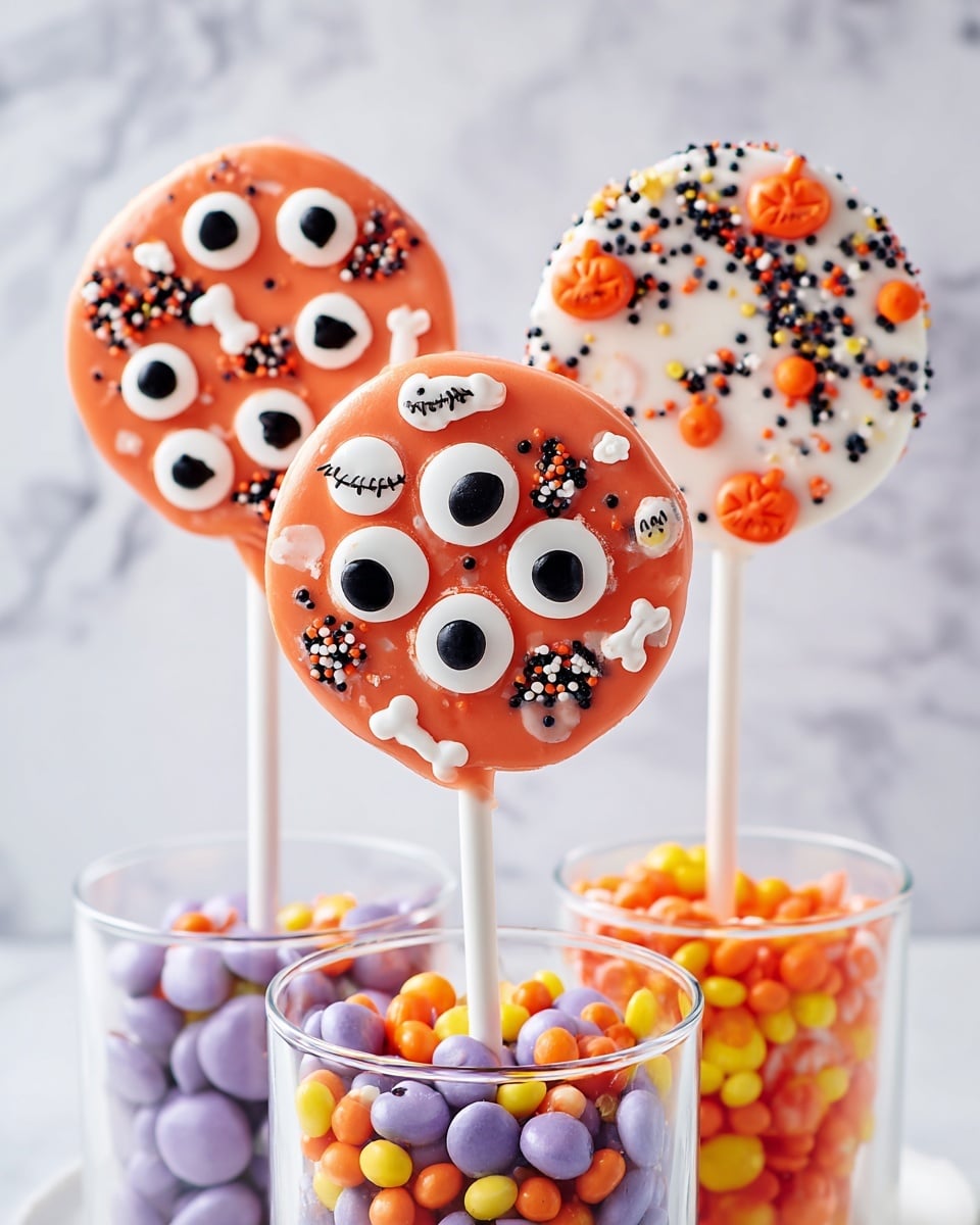 The image shows four round chocolate lollipops on white sticks, placed upright in clear glasses filled with colorful round candies in purple, orange, and yellow. Three lollipops have a smooth pink-orange base decorated with large white eye shapes with black centers, smaller white eyes, white bone shapes, and tiny black and white sprinkles. The fourth lollipop has a smooth white base decorated with large white eyes with black centers, small blueberries, orange pumpkin-shaped decorations, and orange sprinkles scattered across. The background features a white marbled surface with blurred patterns and similar candies in glasses. Photo taken with an iphone --ar 4:5 --v 7