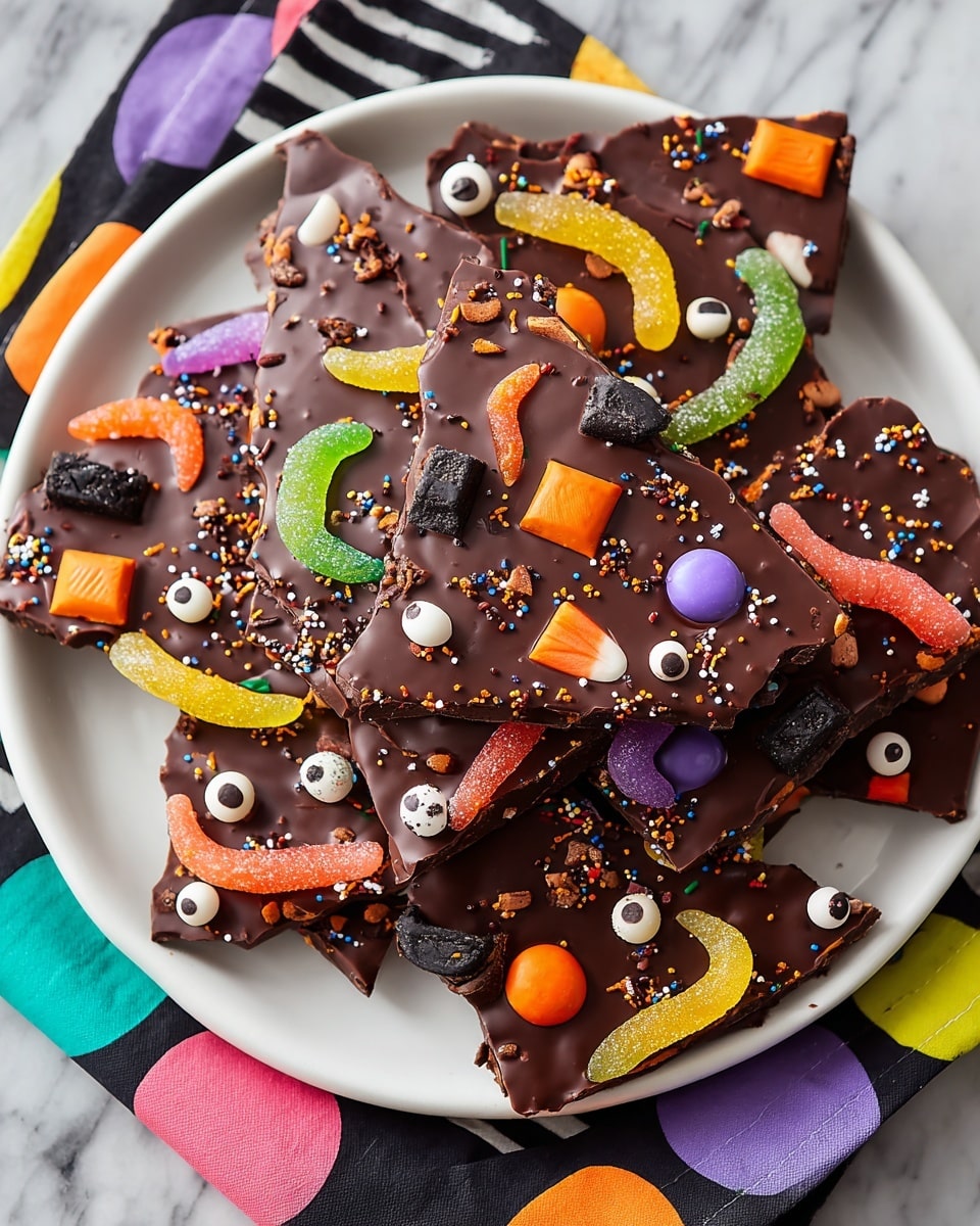 A white plate filled with broken pieces of dark chocolate bark topped with colorful candy decorations, including small round candies in orange, yellow, green, purple, and brown, gummy worms in red, blue, yellow, and green, candy eyes, and small chunks of milk chocolate and peanut butter candy. The chocolate bark pieces have a smooth texture with sprinkles in orange, purple, and black scattered on top. The plate sits on a white marbled surface with a striped black and white cloth and polka-dotted napkins in orange, purple, gray, and black around it. photo taken with an iphone --ar 4:5 --v 7