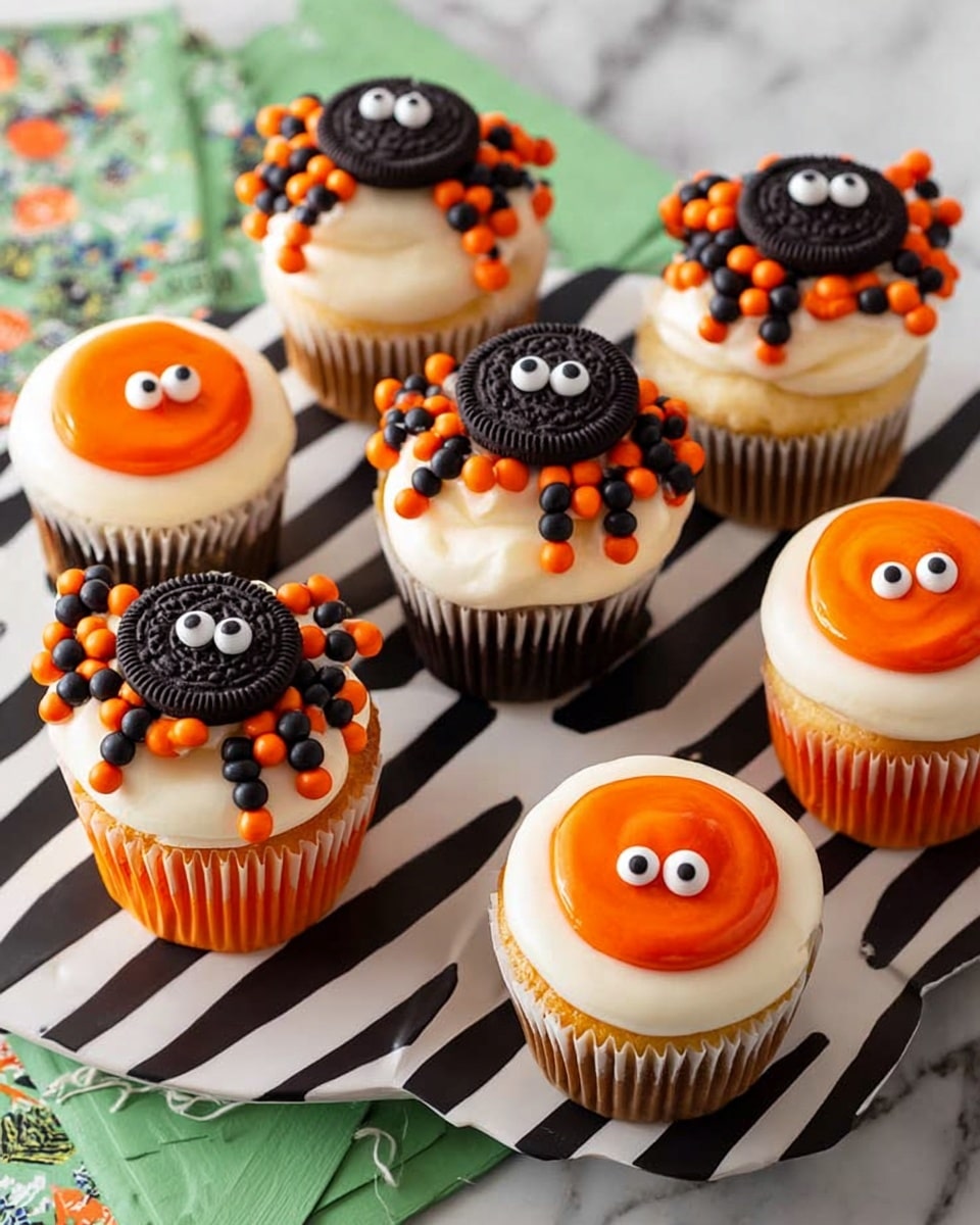 The image shows six chocolate cupcakes, each decorated to look like a cute spider. Each cupcake has three layers: the bottom is a dark brown chocolate cake, the middle is a smooth white frosting layer covering the top, and the top layer is decorated with an orange round candy representing the spider's body. The spider’s head is made from a small chocolate cookie placed near the orange candy, with two sets of white candy eyes on top of the cookie. The spider’s eight legs are made from small round candies, alternating between orange and black, arranged to stretch out from the cookie head and orange body onto the white frosting. The cupcakes sit on different white plates with black patterns, all placed on a white marbled surface covered by green, orange, and polka dot napkins. photo taken with an iphone --ar 4:5 --v 7