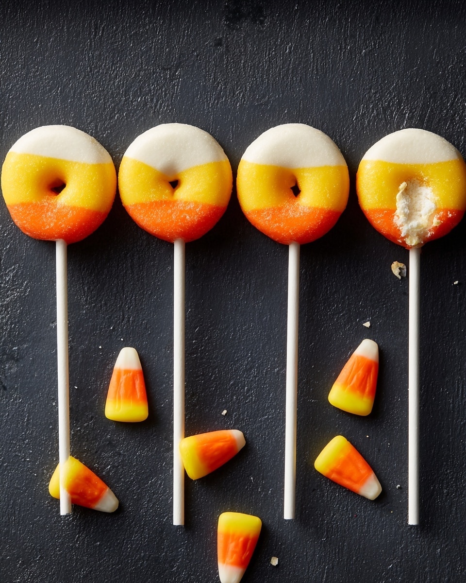 Four round lollipops are lined up on a white marbled surface, each with three colorful layers from top to bottom: a smooth white top, a shiny orange middle, and a bright yellow bottom. The lollipops have a hole in the center. One lollipop on the right has a bite taken out of it, showing white crumbs on the surface below. Scattered around the lower left side are small candy corn pieces with white tips, orange centers, and yellow bottoms. Each lollipop is attached to a white stick. Photo taken with an iphone --ar 4:5 --v 7