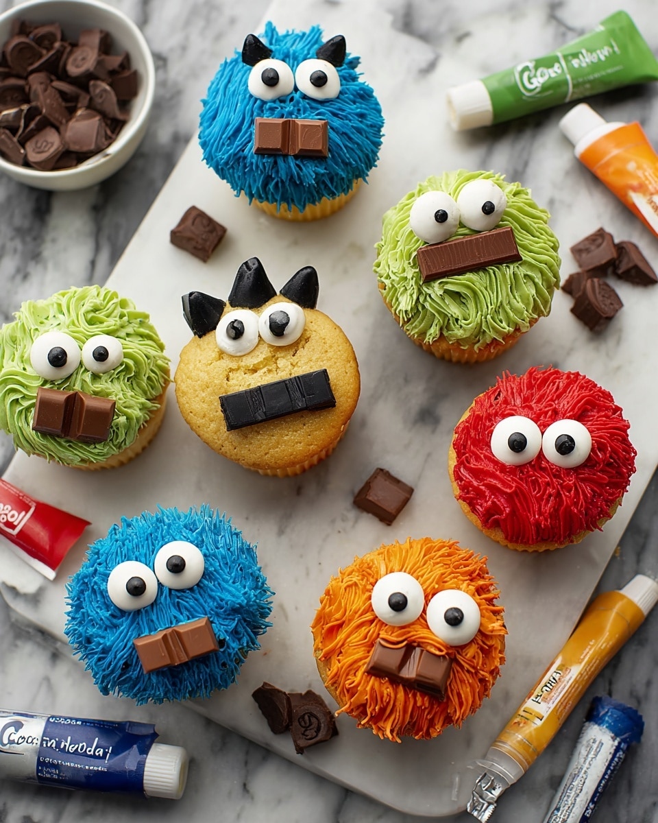 There are six cupcakes shown on a white marbled surface, with four decorated as colorful monster faces and two plain. Each decorated cupcake has a layer of thick, textured frosting in bright colors: blue, green, orange, red, and yellow, covering the top in a ring shape. On each frosting ring, two large edible eyes are placed near the top edge, and a chocolate piece resembling a mouth is positioned below the eyes. The blue cupcake has three eyes and black spikes of frosting above them. Nearby, scattered on the surface, are extra chocolate pieces and edible eyes, along with tubes of colorful decorating gel in blue, green, black, and orange. In the background, a white plate holds the red and yellow monster cupcakes. photo taken with an iphone --ar 4:5 --v 7