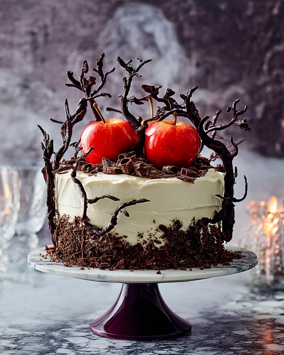 A round cake with one main layer covered in smooth, creamy white frosting with some gentle swirls on the side and top. On top of the cake is a thick layer of crumb-like brown topping, and two shiny, bright red apples sit side by side in the center. Around the cake, there are dark brown chocolate decorations shaped like tree branches, some sticking out vertically on the sides and a larger one rising behind the apples. The cake sits on a white plate with a dark brown crumb border, placed on a white marbled surface. The background contains some dark elements with blue and purple candles and soft smoke rising behind the cake. photo taken with an iphone --ar 4:5 --v 7