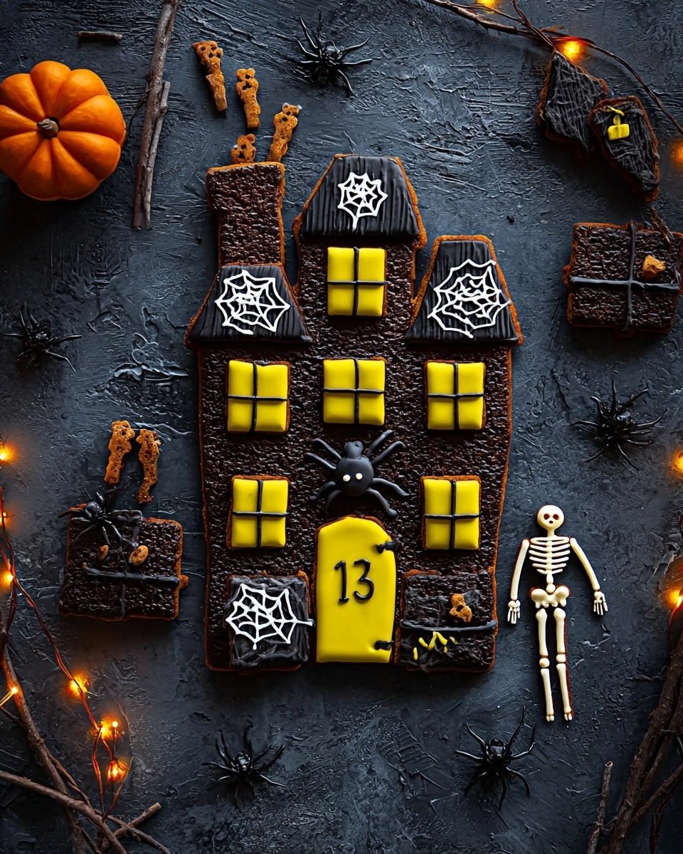 The image shows a Halloween-themed cookie house arranged on a white marbled surface. The house has three layers: the bottom layer is rectangular with yellow rectangular window shapes and a door decorated with a small black spider and a yellow number 13. The middle layer is smaller and set on top of the bottom layer, also having yellow window shapes and a chocolate brown textured roof with ridges. The top layer is a tall triangle with a similar ridged chocolate brown roof and a small yellow and black spider web candy decoration. To the left are some black twigs, skulls in a white bowl, and orange plates with small skeleton forks. To the right, there is a small skeleton figure and a string of pumpkin-shaped orange lights. The overall mood is spooky and festive. Photo taken with an iphone --ar 4:5 --v 7