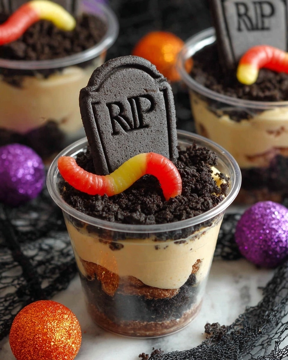 The dessert cup shows three clear layers: the bottom is dark chocolate cake crumbs, the middle is a light brown creamy mousse, and the top is covered with crushed dark cookie pieces. A small cookie shaped like a tombstone with
