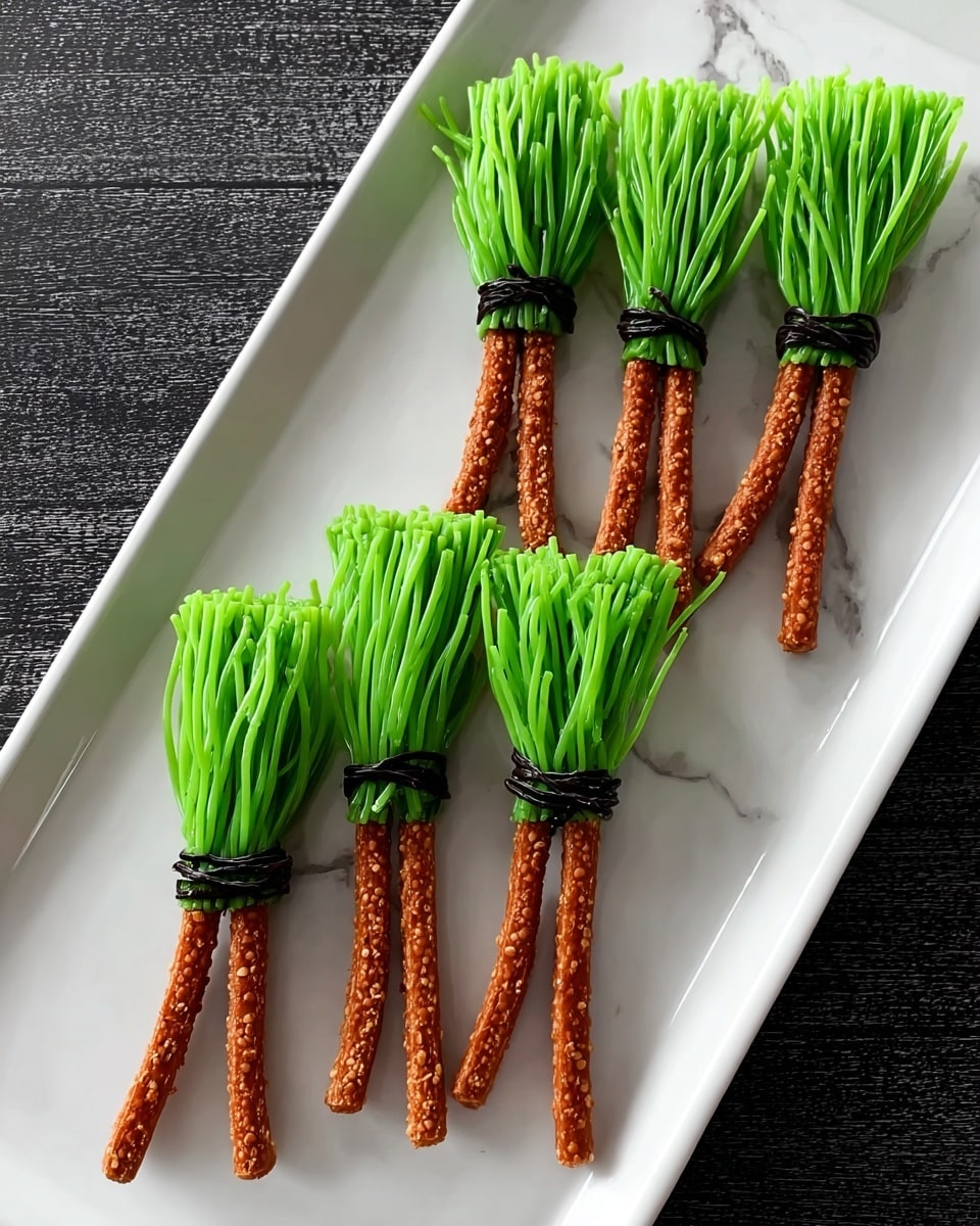 The image shows six snack sticks arranged on a shiny white rectangular plate, all placed on a white marbled surface. Each snack stick has a long thin base covered in small crunchy bits, topped with bundles of bright green sticks tied together with a dark green ribbon that give a broom-like look. The sticks are evenly spaced on the plate, standing out against the dark background of the plate and the clean white marbled surface. Photo taken with an iphone --ar 4:5 --v 7
