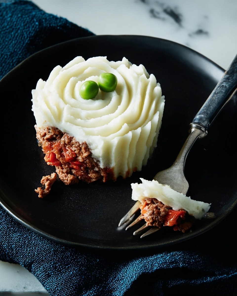 A small foil cup holds a food with two layers: the bottom layer is crumbly and brown-red with visible bits of carrot and tomato chunks, while the top layer is smooth, white mashed potatoes shaped with ridges and two bright green peas on top. The foil cup sits on a black round plate, which rests on a blue textured cloth. A silver fork lies next to the foil cup on the plate. The photo taken with an iphone --ar 4:5 --v 7