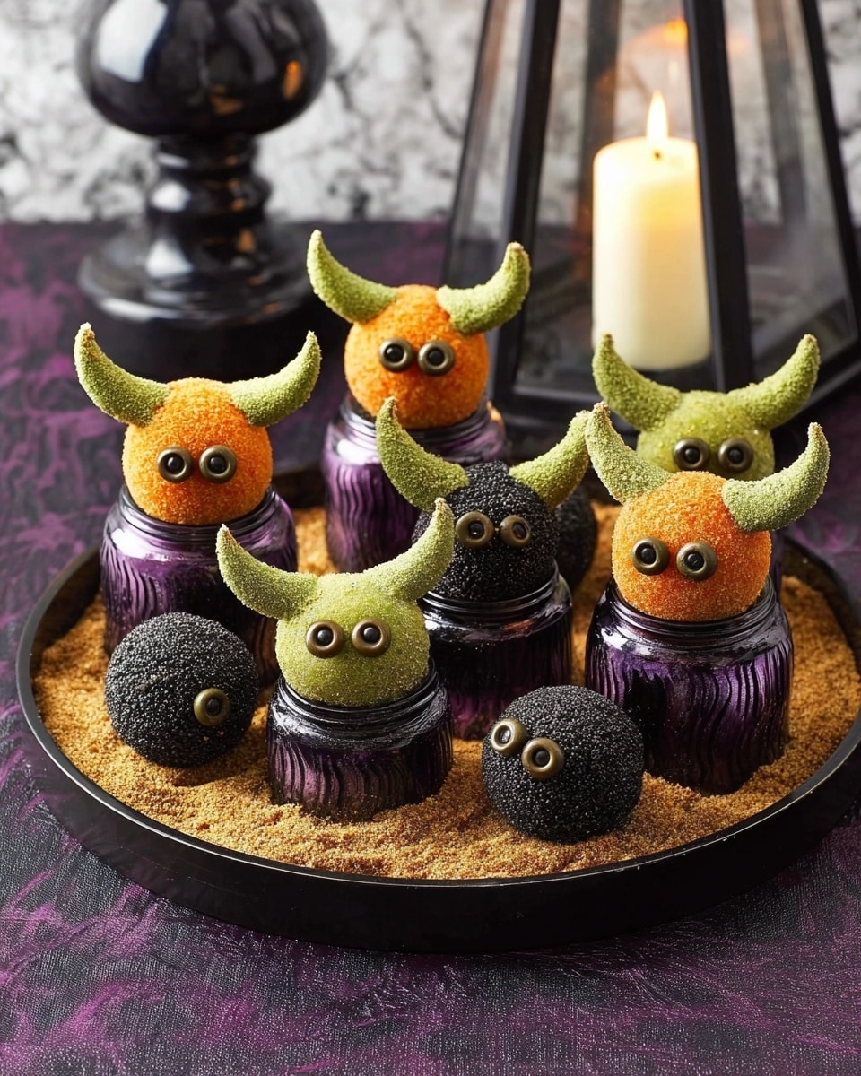 A round black tray holds eight small round snack balls arranged on a bed of light brown crumbs. Four balls are orange coated and four are black coated, each ball topped with two round olive slices as eyes. Each ball has two large curved green crackers on either side, shaped like horns. Four balls rest on short black containers, while two black balls sit on purple glass shakers. The setup is on an orange cloth with black polka dots and a black candle holder is visible in the background. photo taken with an iphone --ar 4:5 --v 7