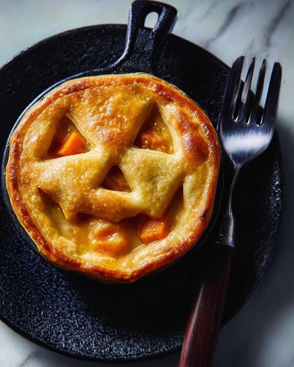 A small round pie in a black cast iron skillet, with a golden-brown crust shaped like a jack-o'-lantern face, showing two triangle eyes, a small triangle nose, and a jagged mouth. Through the cut-out shapes, orange filling with small soft pieces is visible, giving a bright contrast to the shiny crust. The skillet sits on a dark textured surface with decorative transparent leaf shapes around it, and a rustic wooden-handle fork lies beside the skillet. photo taken with an iphone --ar 4:5 --v 7