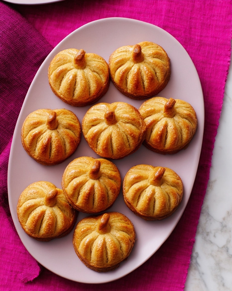 The image shows seven small pumpkin-shaped pastries arranged on a white plate with a smooth, slightly glossy surface. Each pastry has a golden-brown color with a shiny crust, showing a layered, baked dough texture. The edge of each pastry is crimped with a fork-like pattern, and the top has a circular detail with a vertical slit in the center, highlighting the pumpkin design. The plate sits on a white marbled surface with a purple cloth underneath, adding a vibrant contrast to the warm tones of the pastries. Photo taken with an iphone --ar 4:5 --v 7