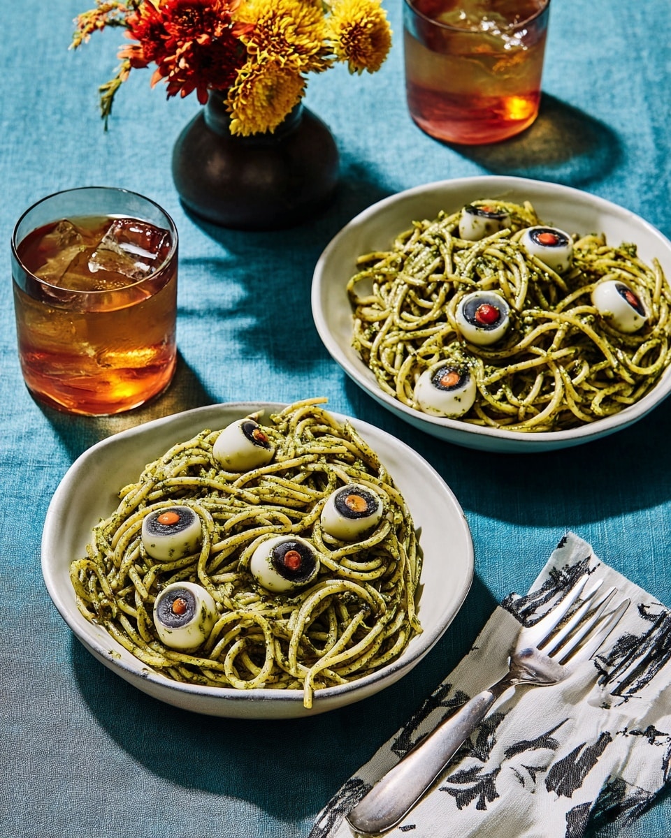 Two white bowls filled with green pesto spaghetti are shown from above on a white marbled textured surface. Each bowl has thick green spaghetti layers twisted together with five white eyeball-like mozzarella balls on top, each topped with a black olive slice and a small red piece inside the olive to form the iris and pupil. The bowls are placed near a fork resting on a black-and-white cloth napkin. There is a glass of amber sparkling drink and a small vase with yellow and red flowers on the side. Photo taken with an iphone --ar 4:5 --v 7