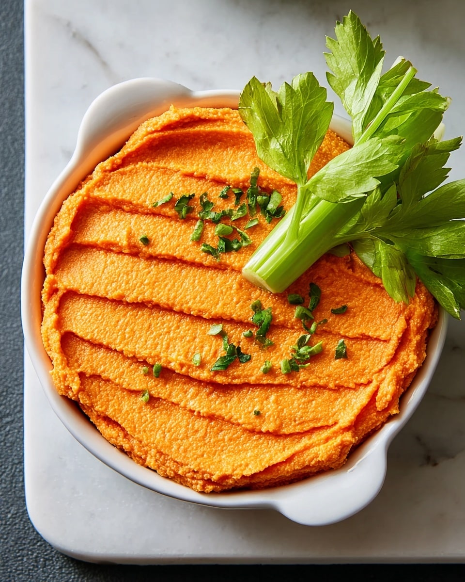 A shallow white oval dish filled with a smooth spread of thick, creamy orange hummus, textured with slight ridges running from the bottom center to the top edge, resembling gentle waves. On the top left side of the hummus rests a short, thick bright green celery stalk with three bright green leafy celery leaves attached, adding a fresh touch to the dish. The dish is placed on a white marbled surface. photo taken with an iphone --ar 4:5 --v 7