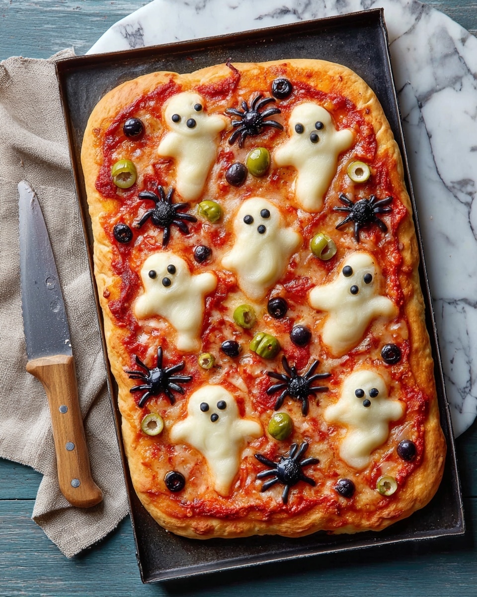 A rectangular pizza with a golden-brown crust sits on a dark baking tray over a blue wooden table with a beige cloth and a knife nearby. The pizza has a layer of red tomato sauce topped with melted white cheese shaped like ghosts, each with small black olive pieces for eyes and mouths. There are also black and green olive spiders with round bodies and curved legs placed evenly on top of the pizza, giving a fun Halloween look. Photo taken with an iphone --ar 4:5 --v 7