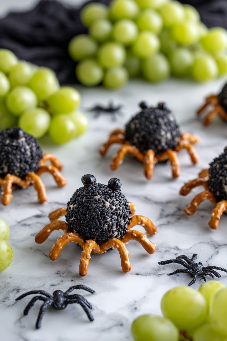 The image shows a close-up of a Halloween-themed snack with spider shapes made from round cheese balls covered in black sesame seeds. Each cheese ball forms the spider's body, with eight pretzel sticks attached as legs, radiating outward. The spiders are placed on a white marbled surface with clusters of green grapes in the background, adding contrast. A piece of black cloth and a small black plastic spider decoration are also visible, giving a spooky touch. The focus is sharp on the spider in the center, with a soft blur on the others. Photo taken with an iphone --ar 2:3 --v 7 - Spider Cheeseballs for Halloween, Halloween appetizer ideas, spooky party snacks, festive cheese ball recipes, Halloween party finger foods