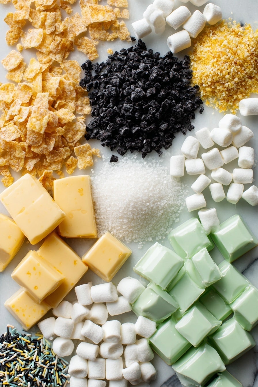 Flat lay of pale green candy melts with a smooth, glossy texture, rich black candy melts with a shiny surface, soft and puffy mini white marshmallows, golden yellow unsalted butter blocks, light golden crunchy rice krispie cereal clusters, tiny black jimmies sprinkles scattered loosely, bright white royal icing eyes with black pupils, all carefully arranged with natural spacing and slight overlaps to showcase their colors and textures, placed on white marbled surface, photo taken with an iphone --ar 2:3 --v 7 - Frankenstein Halloween Rice Krispie Treats, Halloween Rice Krispie treats, spooky treat recipes, festive fall snacks, easy Halloween desserts