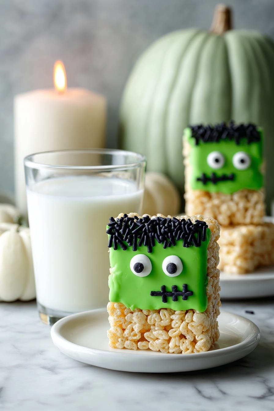 The dish shows a close-up of a square rice crispy treat shaped like a Frankenstein monster. It has two layers: the bottom layer is light golden crispy rice, and the top layer is bright green icing forming the monster’s face. The face has black icing hair with small black sprinkles, white and black candy eyes, and a small black icing scar on one cheek. One piece leans against a clear glass of milk in the foreground, while three more sit on a white plate in the background on a white marbled surface. A large pale green pumpkin and a small white pumpkin are seen in the blurred background along with a lit white candle photo taken with an iphone --ar 2:3 --v 7 - Frankenstein Halloween Rice Krispie Treats, Halloween Rice Krispie treats, spooky treat recipes, festive fall snacks, easy Halloween desserts