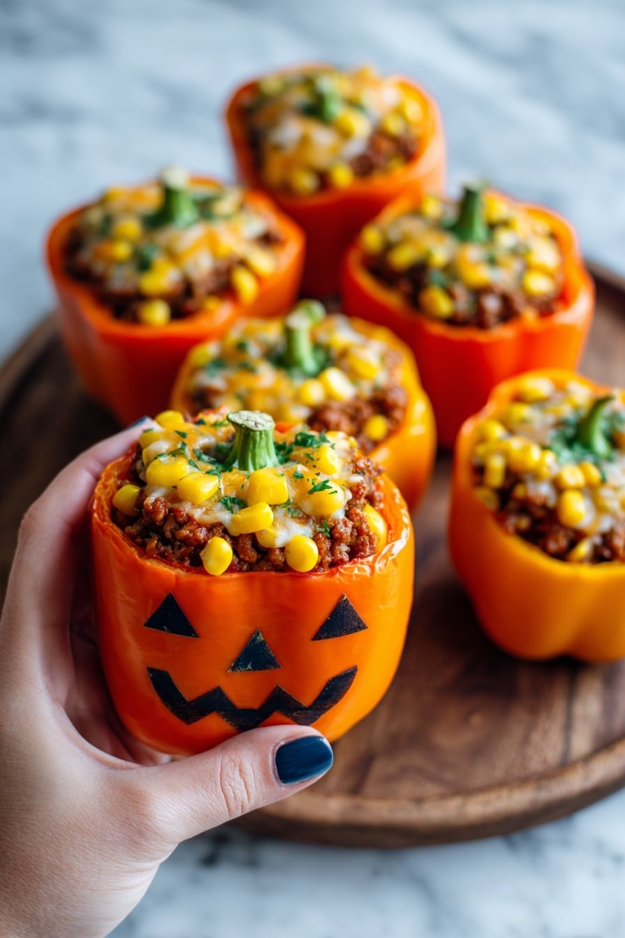 The image shows three orange bell peppers carved to look like jack-o'-lanterns, each filled with a dark brown mixture topped with shredded white and yellow cheese. The peppers have triangular eyes and a mouth with two teeth carved on the front. One pepper is in the front with its lid removed and placed leaning on the side, showing the hollow inside. All three peppers sit on a white plate, which is placed on a round wooden slab with bark around the edge, and the background is a white marbled texture. Photo taken with an iphone --ar 2:3 --v 7 - Jack-o-lantern Stuffed Bell Peppers, Halloween stuffed peppers, festive fall dinner ideas, spooky stuffed peppers, easy Halloween party recipes