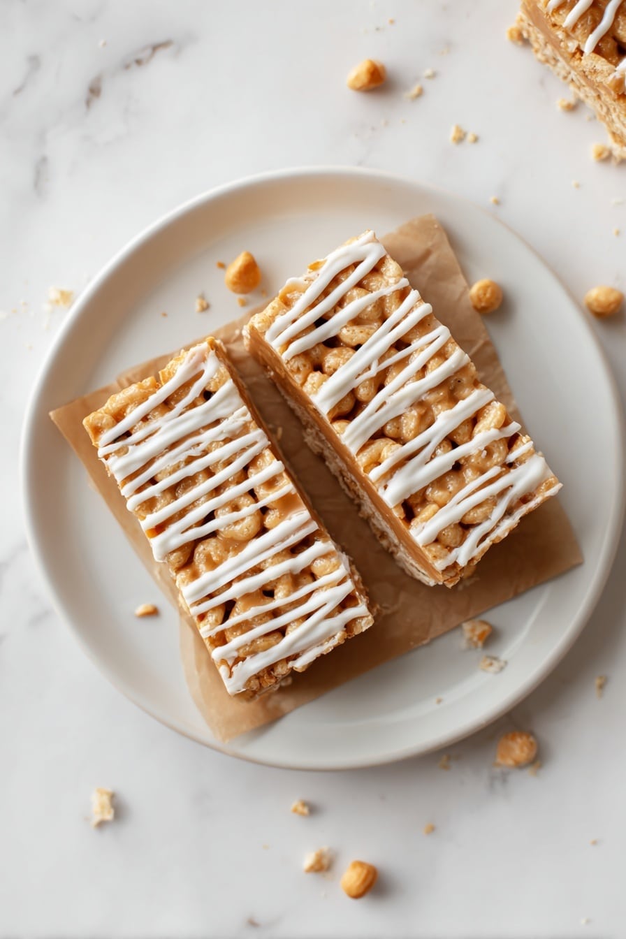 The image shows two square cereal bars placed side by side on a white plate with a small piece of brown parchment paper under them. Each bar has three visible layers: the base is light beige puffed cereal, the middle is a sticky peanut butter layer stretching slightly where a bite has been taken from the front bar, and the top has white icing drizzled in thin lines across the surface, adding texture. There are small crumbs around the bars on the plate, which is set on a white marbled surface. Photo taken with an iphone --ar 2:3 --v 7 - Butterscotch Pumpkin Cheerio Treat Bars, fall snack recipes, pumpkin spice treats, no-bake fall bars, holiday dessert bars