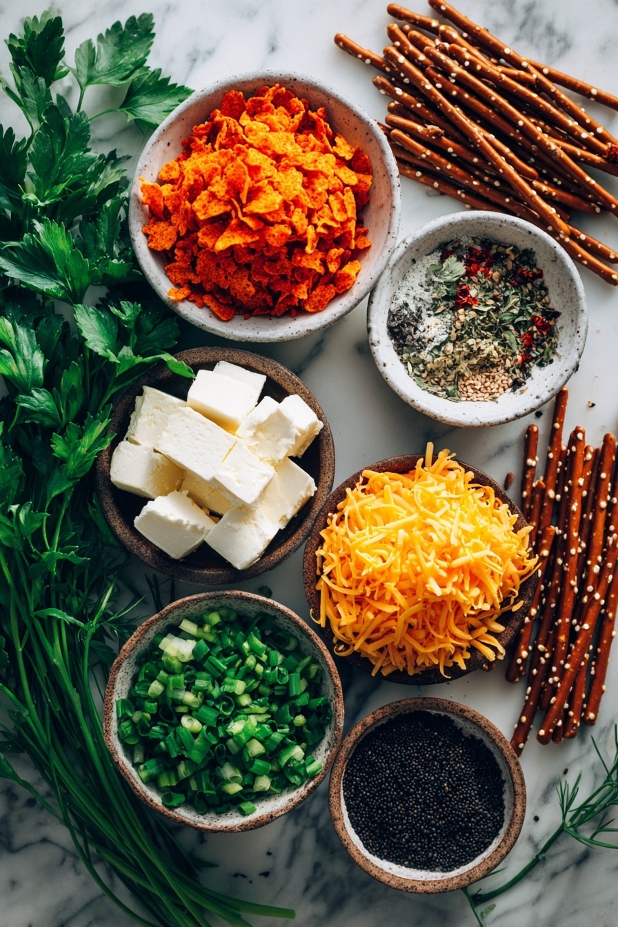 Flat lay of bright orange crushed Nacho Cheese Doritos crumbs, creamy white blocks of cream cheese, vibrant golden grated cheddar cheese, glossy deep red roasted red peppers, fresh bright green chopped green onions, sprigs of fresh flat-leaf parsley with rich green leaves, a handful of rustic brown pretzel sticks, and small piles of shiny black sesame seeds, all naturally scattered and slightly overlapping to show varied textures and colors, placed on white marbled surface, photo taken with an iphone --ar 2:3 --v 7 - Mini Pumpkin Cheese Balls, fall appetizer ideas, cheesy pumpkin snacks, festive holiday appetizers, easy pumpkin party treats