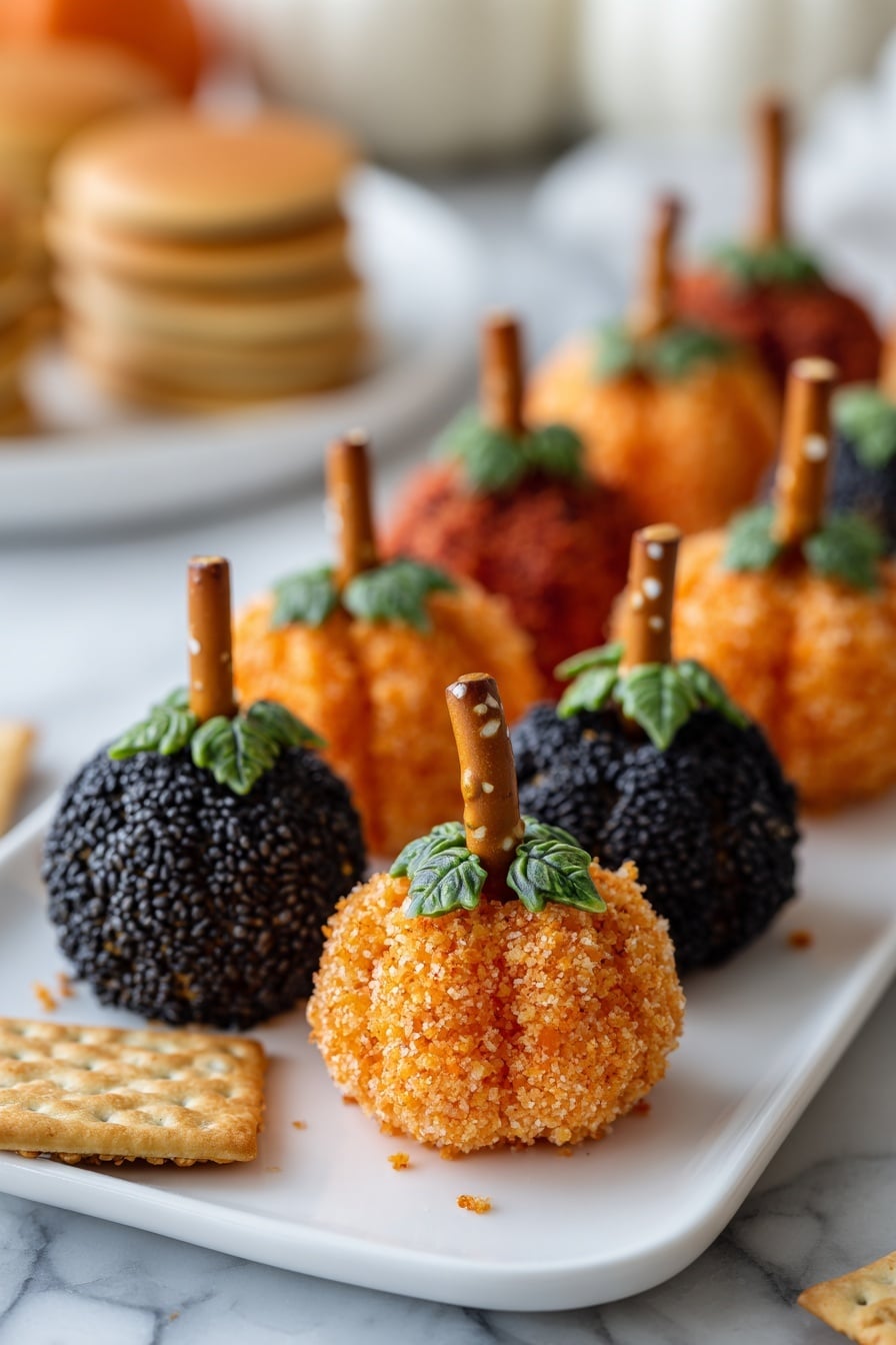 The image shows a white cake stand holding small pumpkin-shaped cheese balls. There are three types of cheese balls: some are coated with orange crumbs and decorated with small green herb leaves on top, each one having a pretzel stick in the center acting as a stem; others are coated with red spices and also have a pretzel stick stem; and the last group is covered in black and white sesame seeds, also topped with a pretzel stick and herb leaf. The cheese balls are arranged on the white cake stand in a mixed pattern. Below the stand, there are bunches of red grapes and various round and square crackers, all placed on a white marbled texture surface. Photo taken with an iphone --ar 2:3 --v 7 - Mini Pumpkin Cheese Balls, fall appetizer ideas, cheesy pumpkin snacks, festive holiday appetizers, easy pumpkin party treats