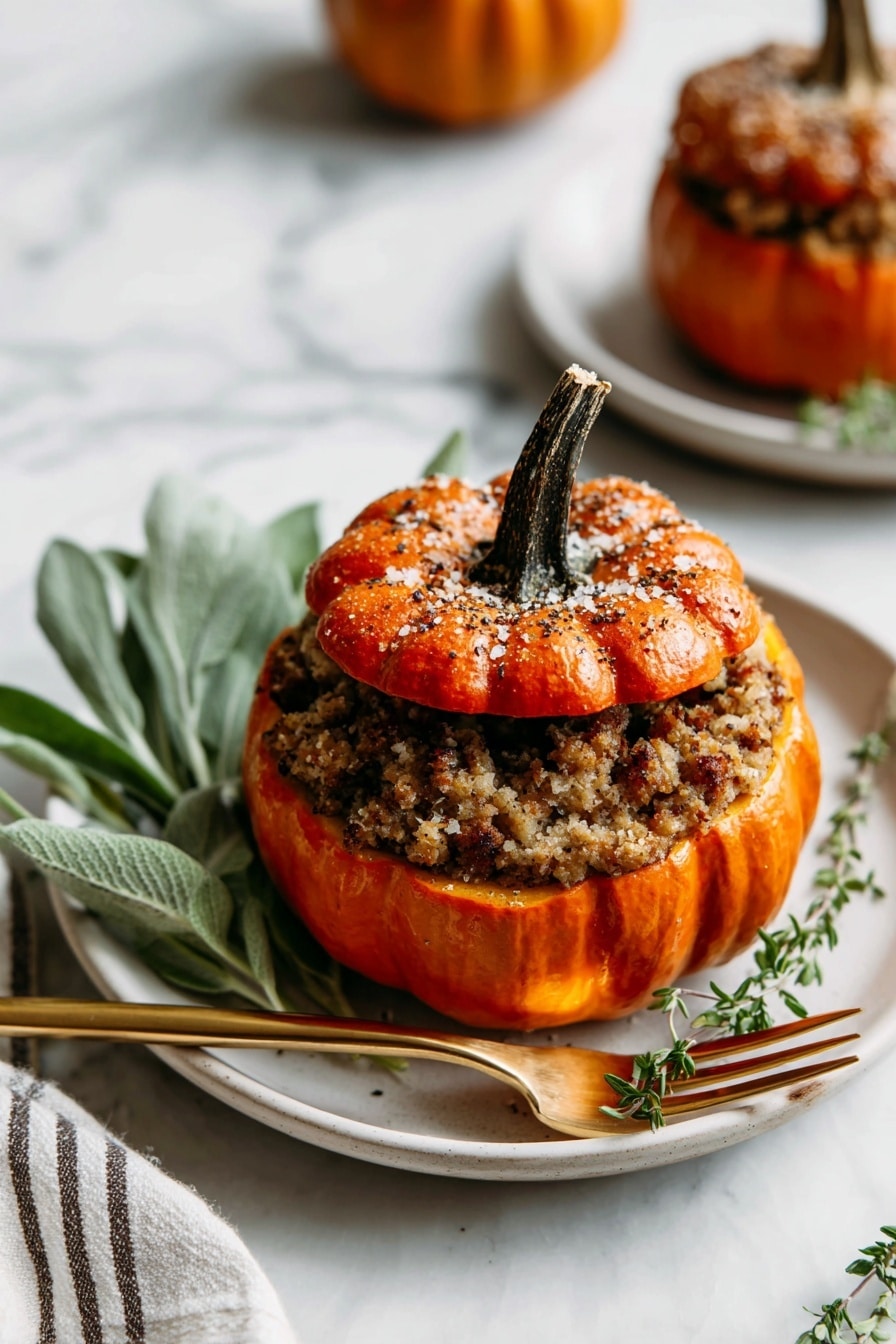 The image shows a small bright orange pumpkin stuffed with a crumbly and chunky brown filling that looks like a mix of cooked vegetables and grains. The pumpkin is topped with its own orange lid, which is slightly shiny and has a dark brown stem. The pumpkin is being lifted by a gold-colored spoon above a black pan filled with other similar stuffed pumpkins arranged in a circle. In the background, there is a white plate with another pumpkin and a woman's hand holding chopsticks, as well as a gray basket holding several bright orange pumpkins. The whole scene sits on a white marbled surface. photo taken with an iphone --ar 2:3 --v 7 - Stuffed Mini Pumpkins with Savory Ground Beef, Mini Pumpkin Stuffed with Meat and Pumpkin, Autumn Pumpkin Appetizer Ideas, Savory Pumpkin Stuffed Shells, Fall Holiday Pumpkin Dishes
