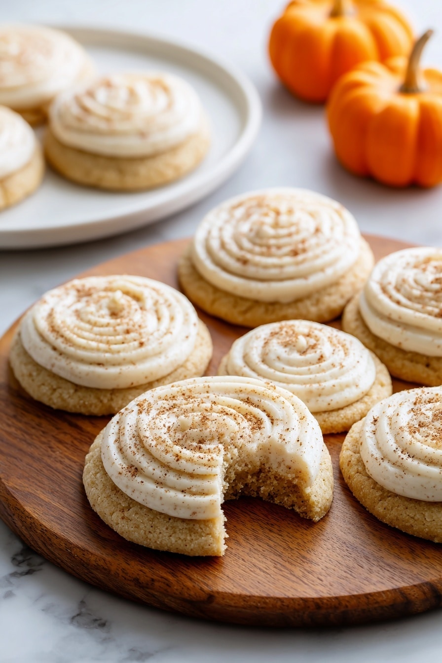 The image shows several round cookies arranged on a wooden board and a white plate. Each cookie has two layers: the bottom layer is a golden-brown cookie base with a slightly rough texture, and the top layer is a thick, light beige cream piped in a spiral shape with a dusting of brown powder on top. One cookie in the front has a bite taken out of it, revealing the soft inner texture. The background features a white marbled surface and two small orange decorative pumpkins. Photo taken with an iphone --ar 2:3 --v 7 - Soft Pumpkin Cookies with Cinnamon Frosting, pumpkin cookies, fall dessert recipes, cinnamon frosting ideas, tender pumpkin treats