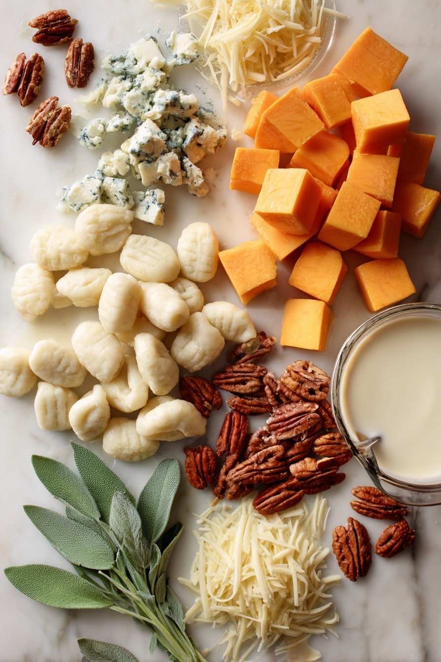 Flat lay of vibrant orange pumpkin cubes with smooth skin, soft white gnocchi dumplings nestled nearby, crumbled creamy blue cheese showing its marbled texture, glossy green sage leaves with delicate veins, scattered rich brown pecans with rugged surfaces, smooth white dairy cream in a gentle pour, shredded pale yellow mozzarella cheese strands catching light softly, all arranged naturally and invitingly in small clusters and gentle piles, placed on white marbled surface, photo taken with an iphone --ar 2:3 --v 7 - Pumpkin Gnocchi Bake with Blue Cheese, Pecans, and Crispy Sage, pumpkin gnocchi bake, blue cheese pumpkin dish, pecan and sage baked pasta, cozy pumpkin bake, gourmet gnocchi dinner