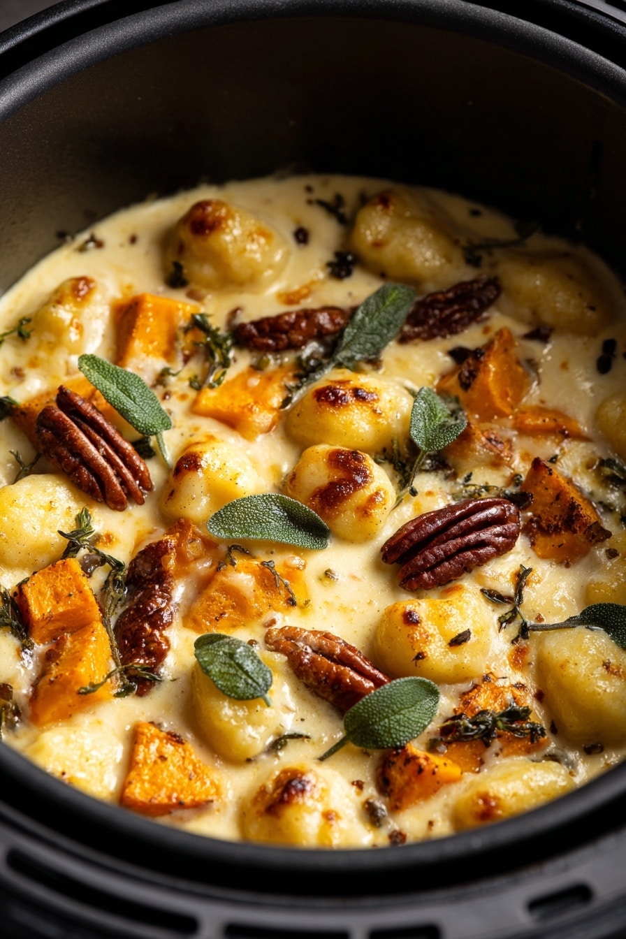 The image shows a dish inside a black air fryer basket filled with a creamy, golden baked casserole. The top layer has golden cheese with soft, light yellow gnocchi pieces scattered around. There are roasted orange squash chunks with a slightly caramelized surface spread evenly. Dark brown pecans add texture and color contrast, while fresh sage leaves with a deep green color are scattered on top, adding fresh detail. The creamy sauce layer beneath is smooth and visible between the gnocchi and squash. The light source highlights the glossy texture and rich colors, creating a warm and inviting look. Photo taken with an iphone --ar 2:3 --v 7 - Pumpkin Gnocchi Bake with Blue Cheese, Pecans, and Crispy Sage, pumpkin gnocchi bake, blue cheese pumpkin dish, pecan and sage baked pasta, cozy pumpkin bake, gourmet gnocchi dinner