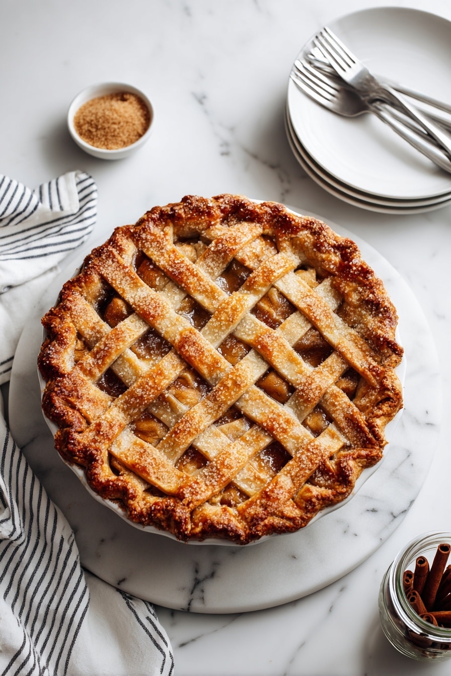 A slice of apple pie sits on a white plate with a silver fork beside it. The pie has a golden brown crust that looks crisp and flaky, with visible sugar crystals on top. Inside the crust, there are soft, baked apple pieces in a warm brown sauce. On top of the pie slice, there is a single scoop of white vanilla ice cream beginning to melt slightly, showing tiny vanilla bean specks. The background has a white marbled texture, and behind the plate, part of the rest of the pie on a white round tray is slightly out of focus. Photo taken with an iphone --ar 2:3 --v 7 - Apple Pie à la Mode, apple pie with ice cream, homemade apple pie, fall dessert recipes, classic apple pie with ice cream