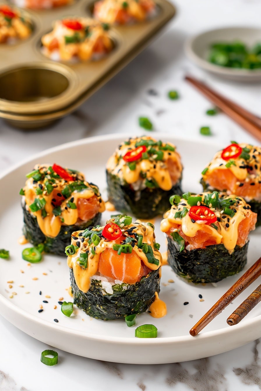 The image shows a piece of food held by brown chopsticks above a white plate, set on a white marbled surface. The food has three visible layers: the bottom layer is a dark green, crispy seaweed square; the middle layer is a light orange tofu or salmon piece with a soft texture; and the top layer is a bright orange sauce drizzled over the tofu, sprinkled with small white sesame seeds and chopped green onions. In the blurred background, several similar pieces are arranged on the white plate. Photo taken with an iphone --ar 2:3 --v 7 - Easy Baked Salmon Sushi Cups, baked sushi cups, salmon sushi appetizer, sushi cup recipes, quick salmon sushi bites