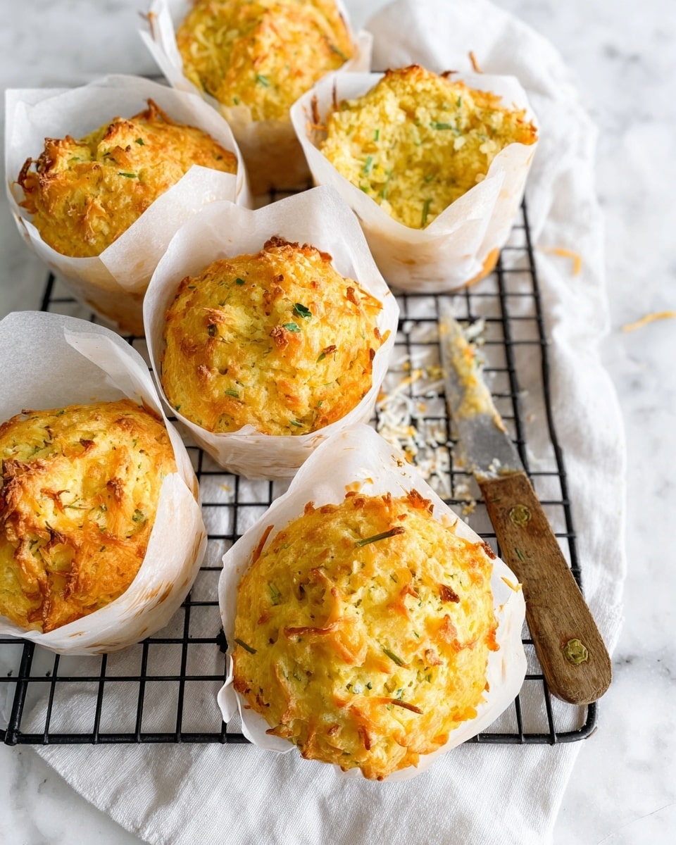 The image shows six golden-yellow muffins with a lightly browned top, placed on white parchment paper in a white muffin tray. One muffin is split open in the center, revealing a soft, fluffy interior with small green and orange bits scattered inside. The muffins have a slightly rough, crumbly texture on top. They sit on a black wire cooling rack over a white marbled surface. Nearby, an old knife with a wooden handle lies on the surface, and a small silver cup filled with coarse white salt is in the foreground. Photo taken with an iphone --ar 4:5 --v 7