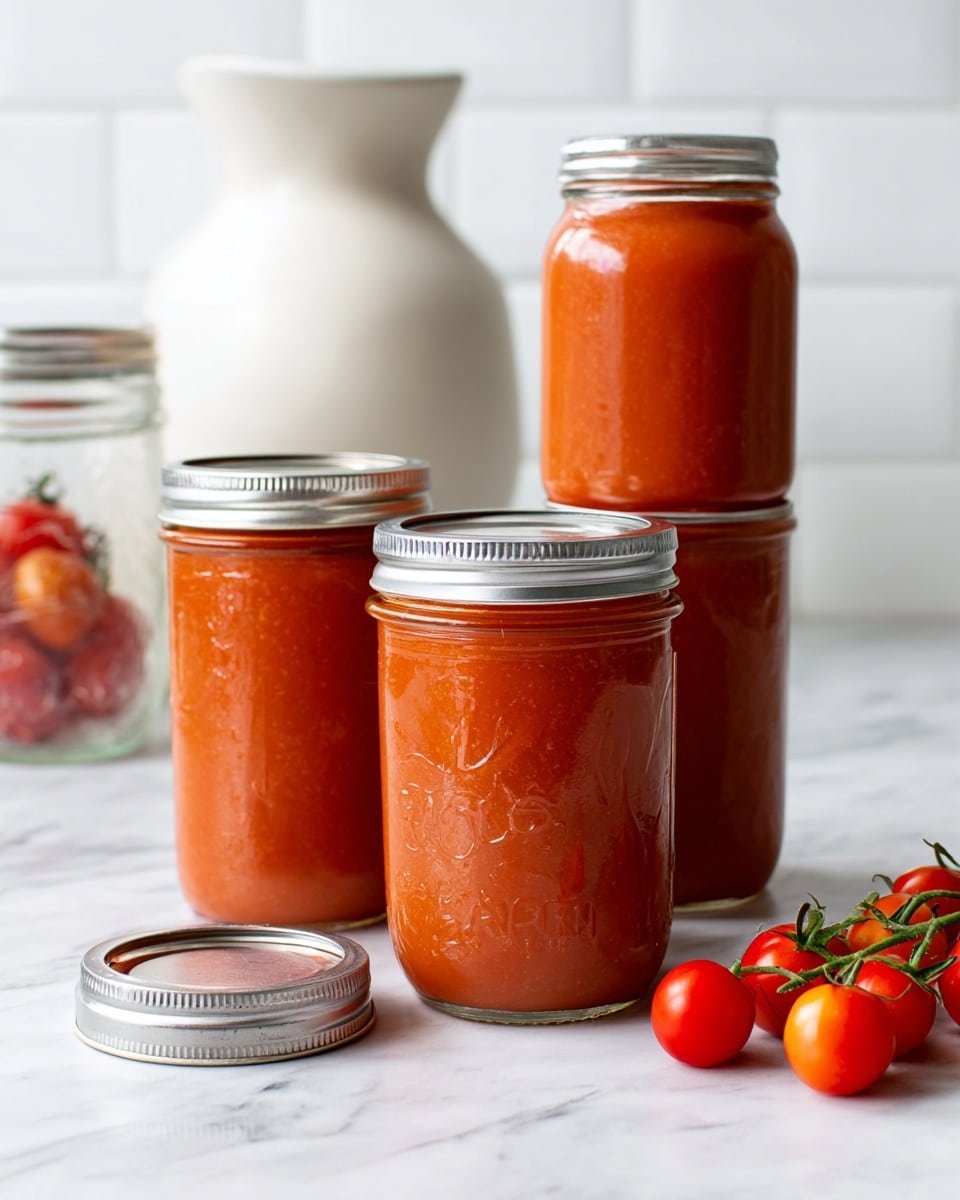 Three clear glass jars filled with smooth, bright orange-red tomato sauce are arranged on a white marbled surface; two jars stand side by side with silver lids on, while a third jar is balanced on top of the right jar without its lid, showing the sauce inside. Small, fresh red cherry tomatoes with green stems scatter around the jars on the surface. In the background, a white pot and a white tiled wall add to the clean kitchen setting. A silver lid lies open on the surface near the jars. Photo taken with an iphone --ar 4:5 --v 7