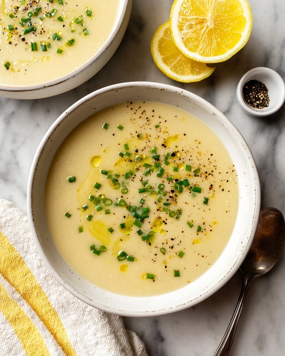 Two white bowls are filled with smooth, creamy light yellow soup, each topped with small green chive pieces, black pepper sprinkles, and a drizzle of golden oil. One bowl is more front and center, while the other is slightly behind it. Near the top left bowl, half a lemon with textured yellow skin and visible seeds inside rests on the white marbled surface. A white dish on the right holds black pepper and coarse salt. A silver spoon and a folded yellow-striped cloth are placed near the bottom left bowl. The whole scene is set on a clean white marbled background. photo taken with an iphone --ar 4:5 --v 7