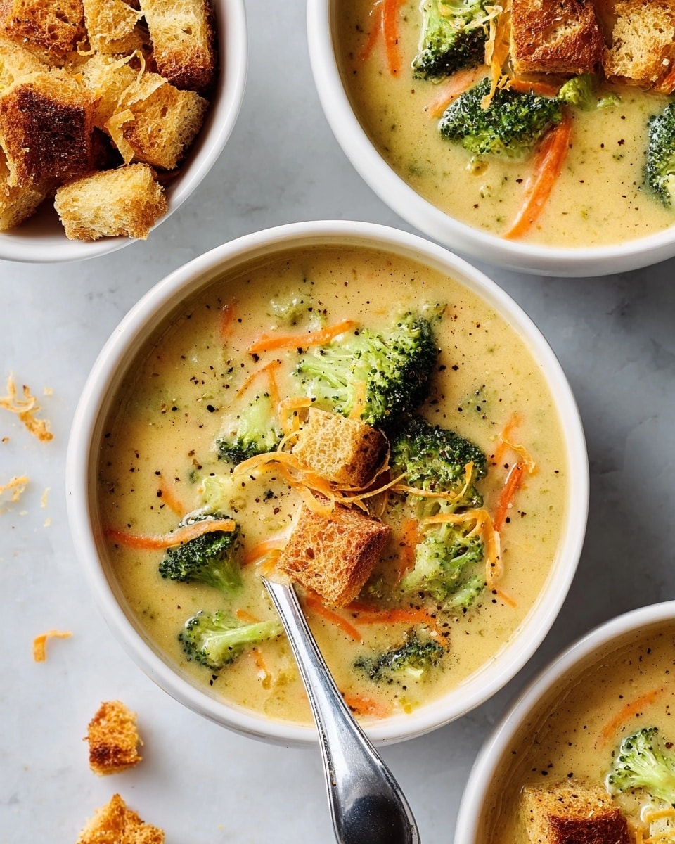 A close-up view of a thick, creamy soup with a pale yellow-orange base, filled with small green broccoli florets and thin, long orange carrot strips evenly spread throughout. The soup is inside a pot, and a wooden spoon is stirring it gently from the right side, with some soup coating the spoon's surface. The background is a white marbled texture. photo taken with an iphone --ar 4:5 --v 7
