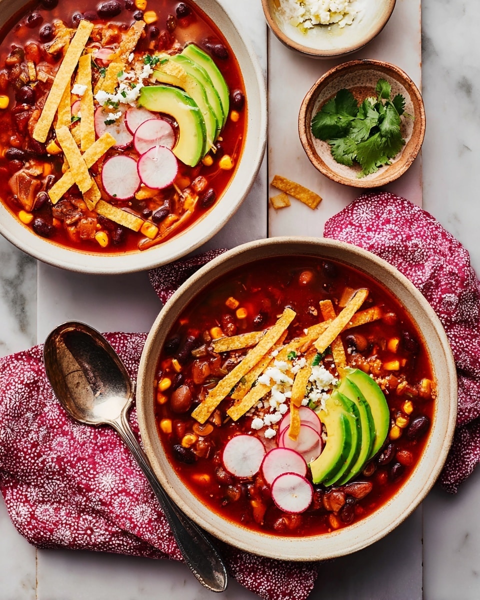 A white bowl filled with thick dark red chili that has visible black beans and yellow corn throughout, occupying most of the bowl. On one side, there are three bright green avocado slices arranged neatly, topped with white crumbled cheese and thin yellow crispy tortilla strips. Also, thin slices of white and pink radish are scattered on top, adding freshness to the rich chili. The bowl rests on a wooden surface with a white marbled texture beneath it, and a silver spoon sits inside the chili near the avocado, ready to eat. photo taken with an iphone --ar 4:5 --v 7