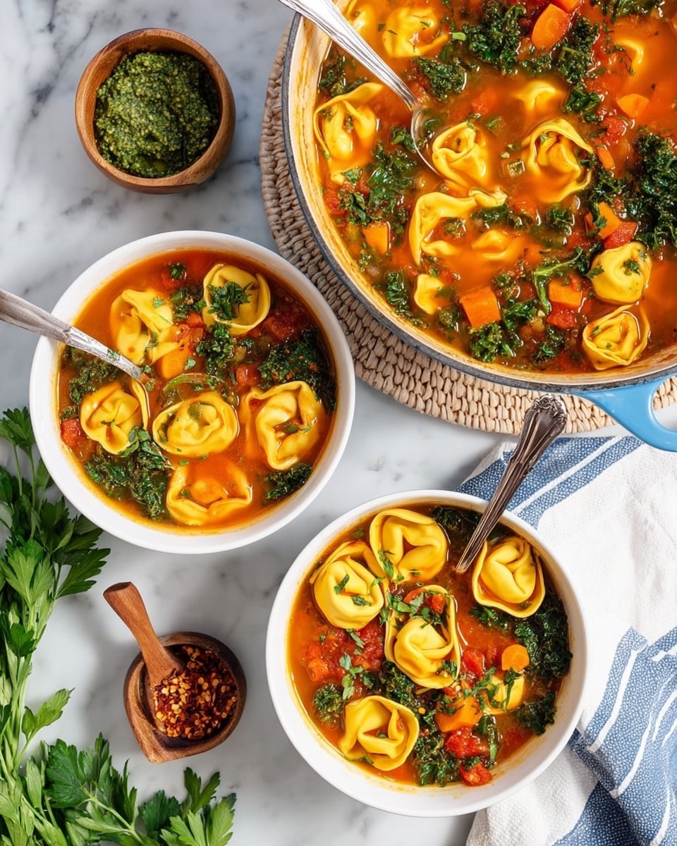 The image shows two white bowls filled with bright orange broth with yellow tortellini pasta floating on top, along with green kale and small orange carrot slices mixed in. Each bowl has a silver spoon resting inside, one spoon's handle leaning on the bowl edge. A large pot of the same soup sits behind the bowls, made of white enamel with a blue rim, also filled with the tortellini soup with visible chunks of red tomatoes and green kale leaves. To the left of the bowls, there is a small dish of green pesto with a small wooden spoon and a small wooden bowl of red chili flakes. Fresh green parsley is spread around the lower left corner, and the background is a white marble surface mostly covered with a white and blue striped cloth and a light-colored round woven mat under the pot. Photo taken with an iphone --ar 4:5 --v 7